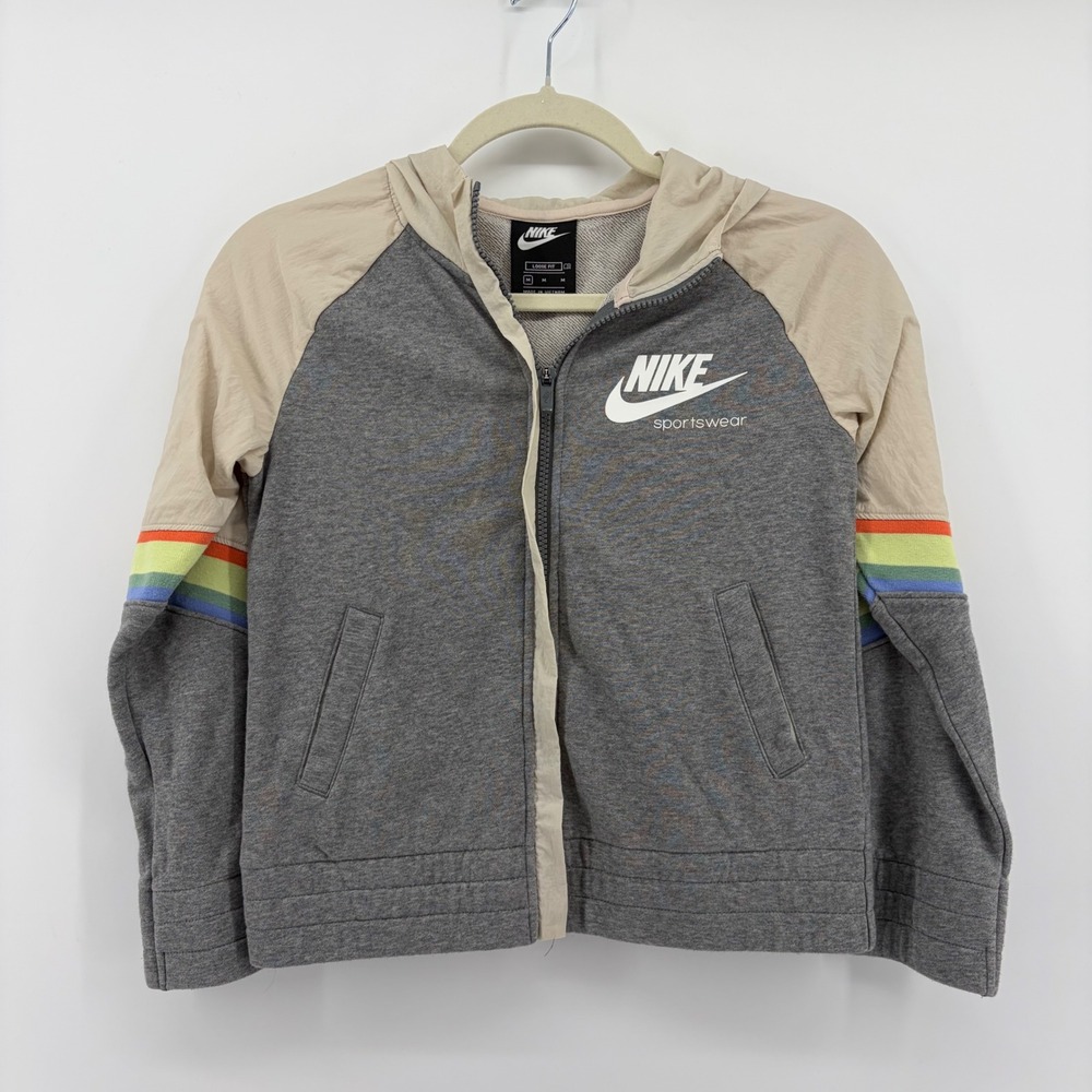 Nike Kids Girls Medium Grey Tan Rainbow Zip Hoodie Sportswear Mixed Media Jacket